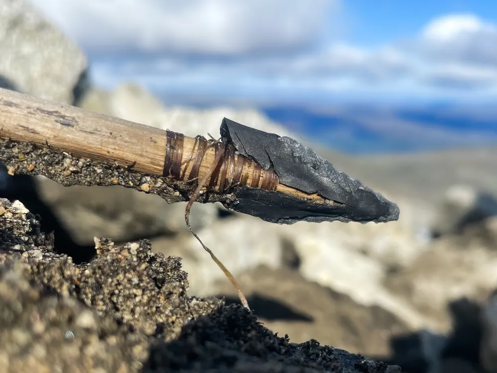 an arrowhead on a shaft with sinew tied around it