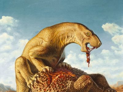 Inostrancevia, devouring a Pareiasaurus,
Alexei Petrovich Bystrow, 1933
