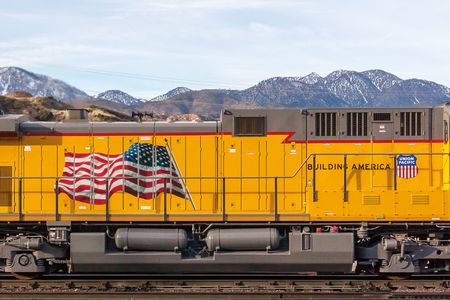 A Union Pacific locomotive makes its way through Cajon Pass in Southern California. The &ldquo;Building America&rdquo; slogan is not just puffery: Union Pacific is the nation&rsquo;s largest railroad, and was also one of the original companies responsible for constructing the transcontinental railroad in the 1860s.