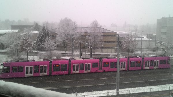 That pinky tram keep moving on a track while the snow is snowing extremely thumbnail