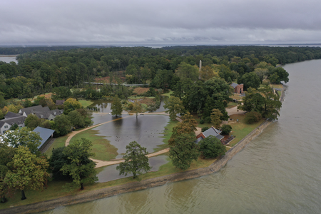 Overhead view of Jamestown after a Nor'easter in October 2021