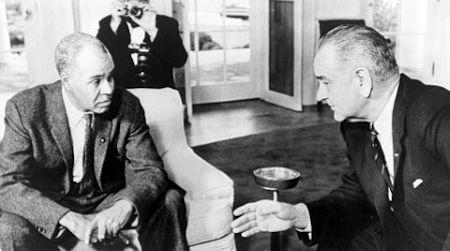 Roy Wilkins (left) with Lyndon B. Johnson at the White House on November 29, 1963