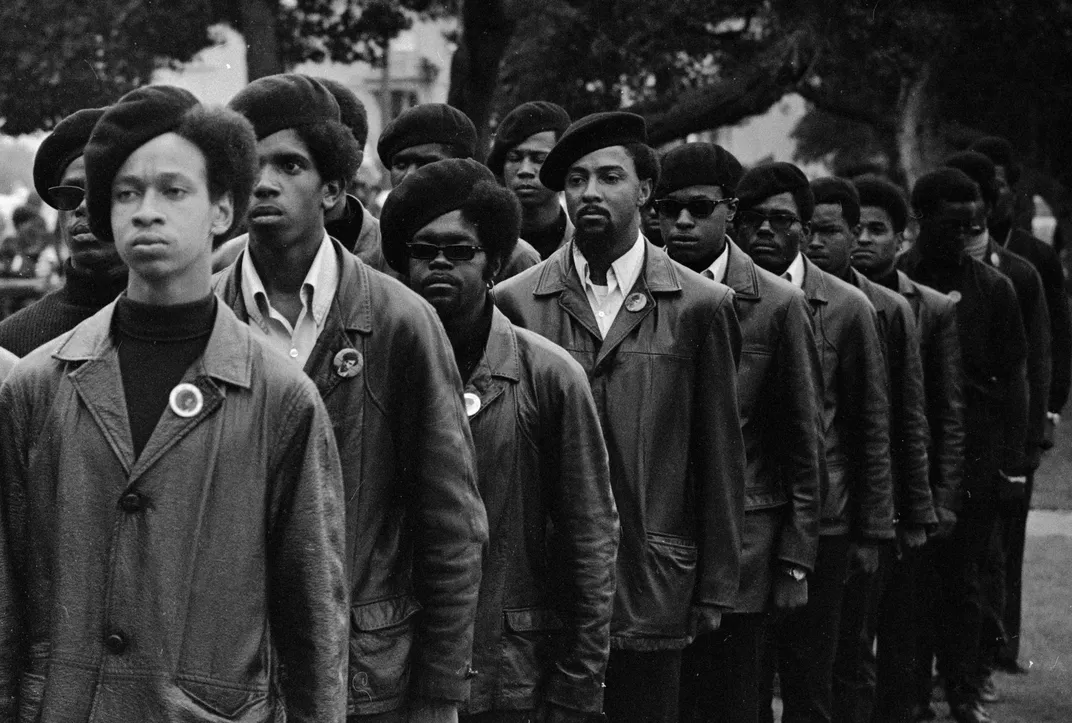 Panthers lined up at a Free Huey rally in DeFremery Park in Oakland