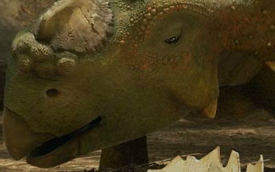 A promotional image, featuring a baby Pachyrhinosaurus, for Walking With Dinosaurs 3-D.