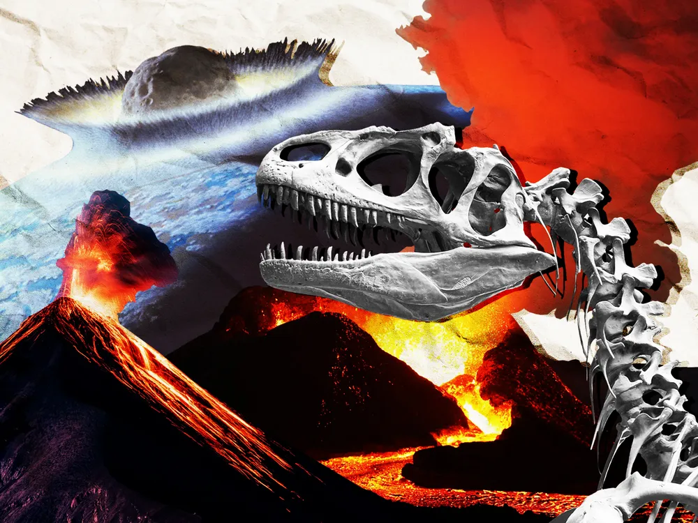 Asteroid and Volcanoes and Dinosaur Skeleton