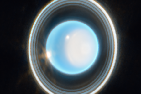 A zoomed-in image of Uranus captured by the James Webb Space Telescope. Eleven of the planet&#39;s 13 rings are visible, though some are so bright they appear to blend into one ring.