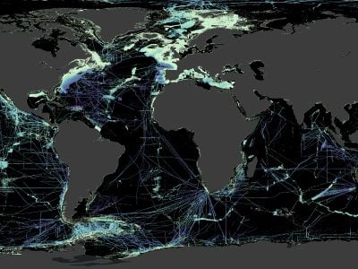 This image from Seabed 2030 shows how much of the seafloor has been mapped, with black areas representing places without data yet.