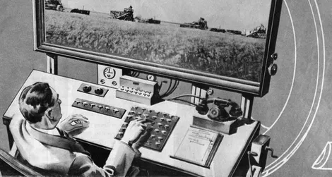 The farmer of the year 2031 works at his large flat-panel television (1931)