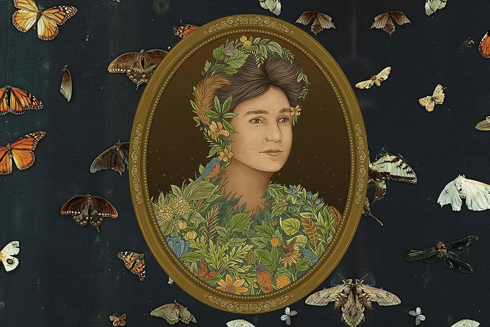 desktop opener - framed portrait of Gene Stratton-Porter on a backdrop of butterfly and moth wings