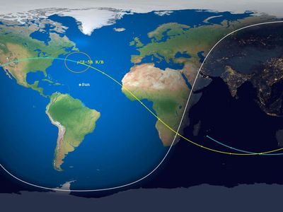 This map shows the Long March 5B's projected orbit before it reentered Earth's atmosphere.