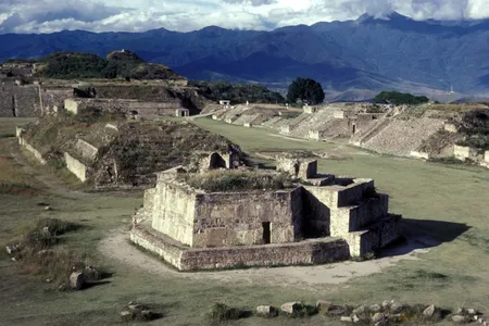The main plaza of Monte Albán, in the Oaxaca Valley. Building J