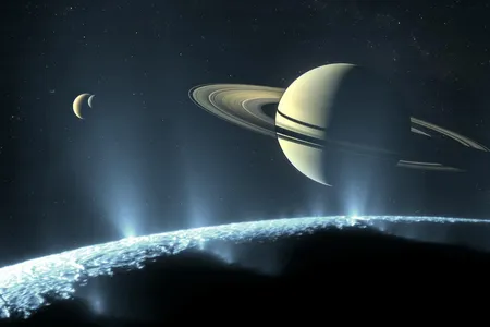 An artistic rendering of Saturn and a few of its many moons