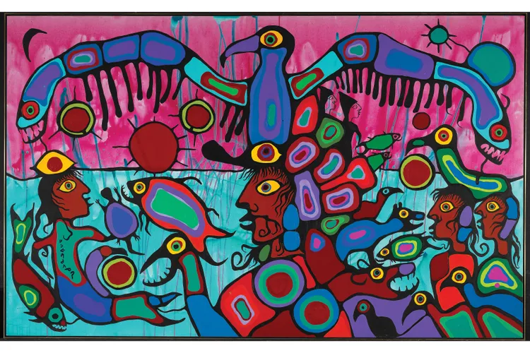 Artist and Shaman Between Two Worlds, Norval Morrisseau, 1980, shows the artist’s signature style: bold colors and a surreal sense of his subjects’ inner lives.