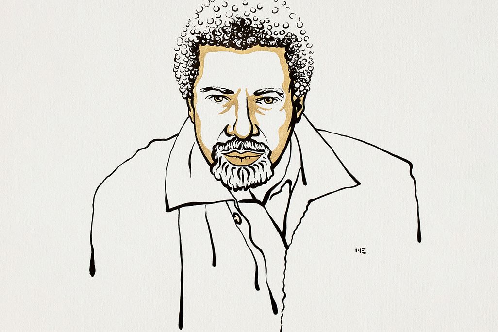 A black and gold line drawing of Gurnah, an elderly Black man in a suit jacket and buttoned shirt