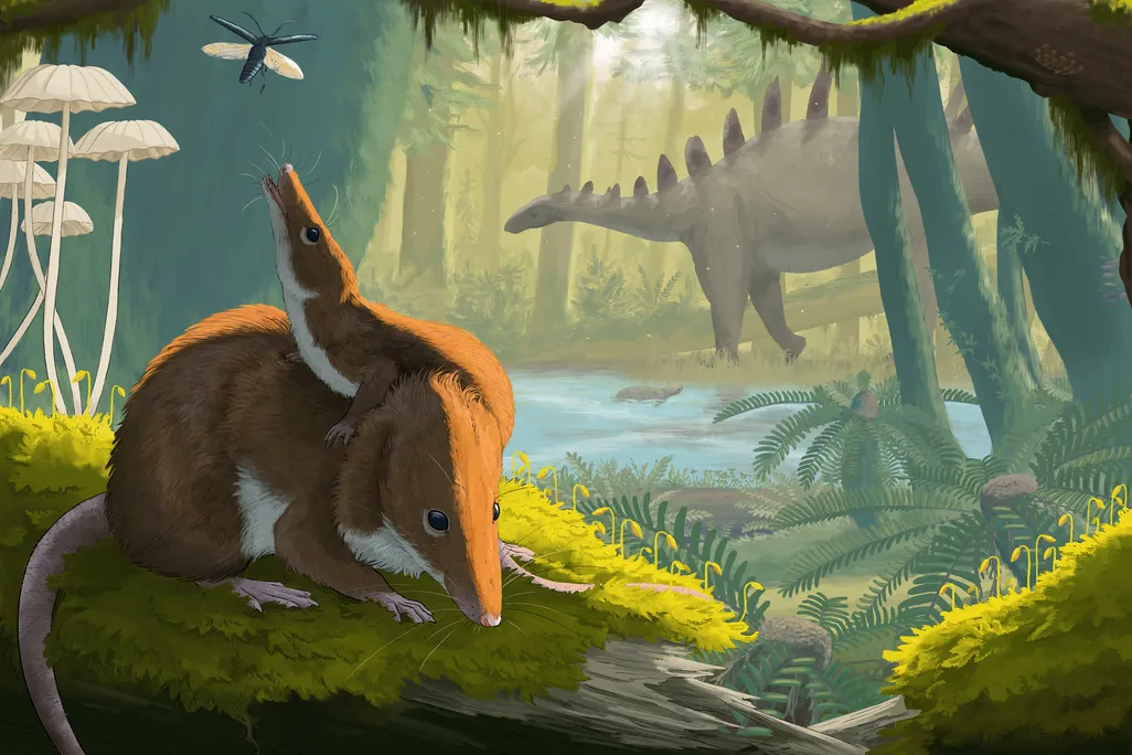 an illustration of a small rodent, with a smaller baby on its back, in a forest with a plated dinosaur in the background