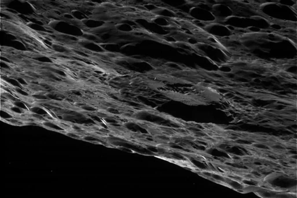 A close fly-by of Saturn's two-faced moon.