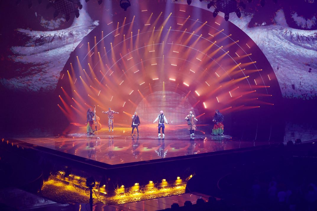 The Kalush Orchestra, representing Ukraine, perform on stage during the Grand Final show of the 66th Eurovision Song Contest.