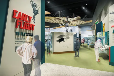 Otto Lilienthal’s glider dominates this artist’s rendering of the Early Flight gallery, as Lilienthal did 19th century aeronautics. His data from 2,000 flights became a starting point for the Wrights. 

