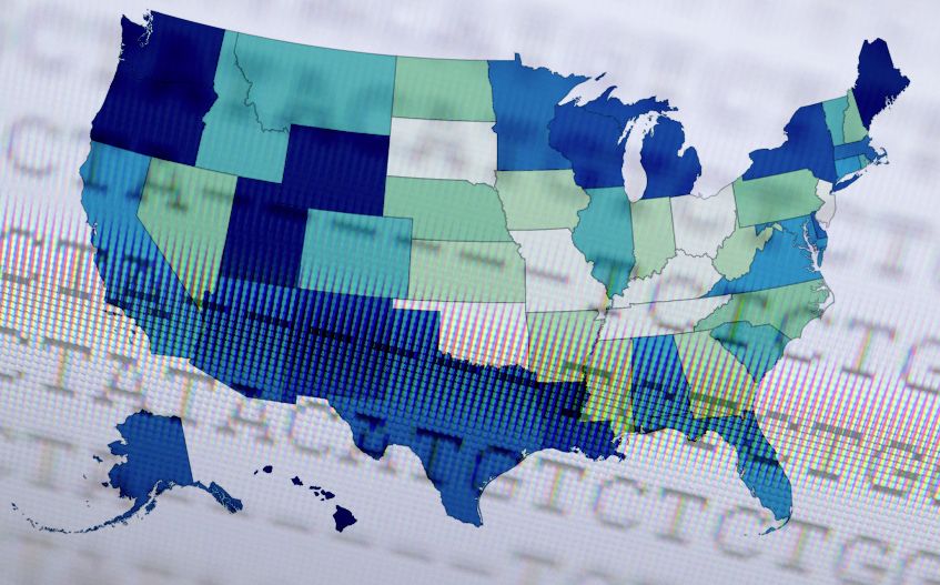 letters over a map of the United states with different states shaded different colors