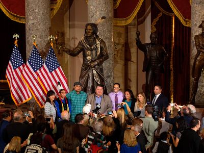 The unveiling ceremony of the statue of Ponca Chief Standing Bear in Statuary Hall on Capitol Hill.