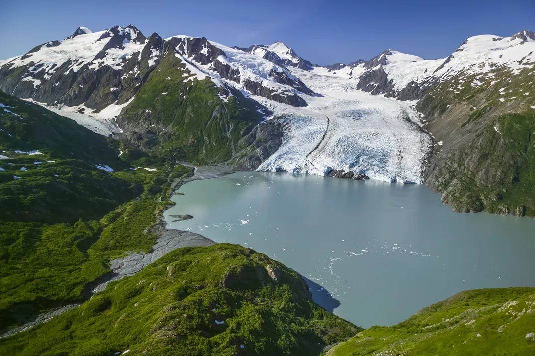 aerial view of Portage Glacier in Chugach Mountains