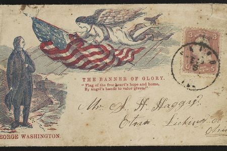 George Washington standing at Mount Vernon and an angel with the American flag. Addressed to Mr. S.H. Haggy, Etna, Licking Co., Ohio. 