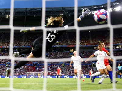 Alex Morgan scores the U.S. team&#39;s second goal against England during the 2019 FIFA Women&#39;s World Cup.