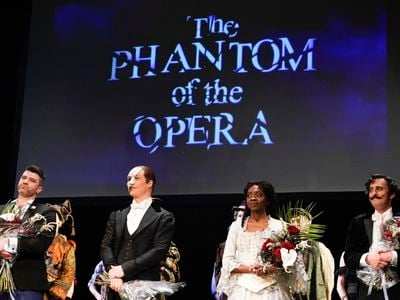 Cast members take the stage during the last performance of The Phantom of the Opera on Broadway.