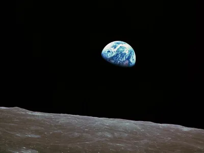 ‘Earthrise,’ which appeared on the cover of the second and third Whole Earth Catalog, was taken by Apollo 8 astronaut Bill Anders during lunar orbit, Dec. 24, 1968.