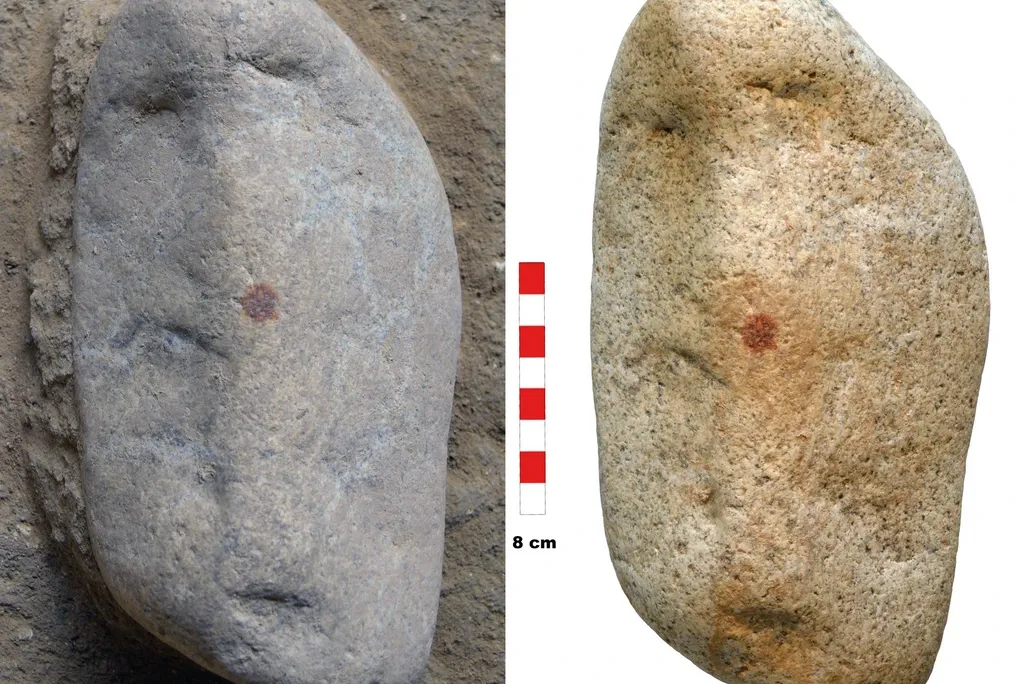Side-by-side of stone with a red dot in the middle