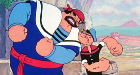 Bluto (in the role of Sindbad) and Popeye face off.