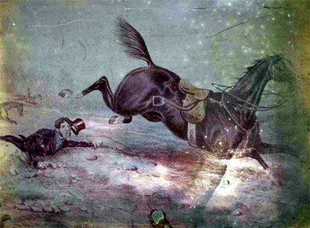 Hillotype of a print depicting a man fallen from a horse, color pigments applied