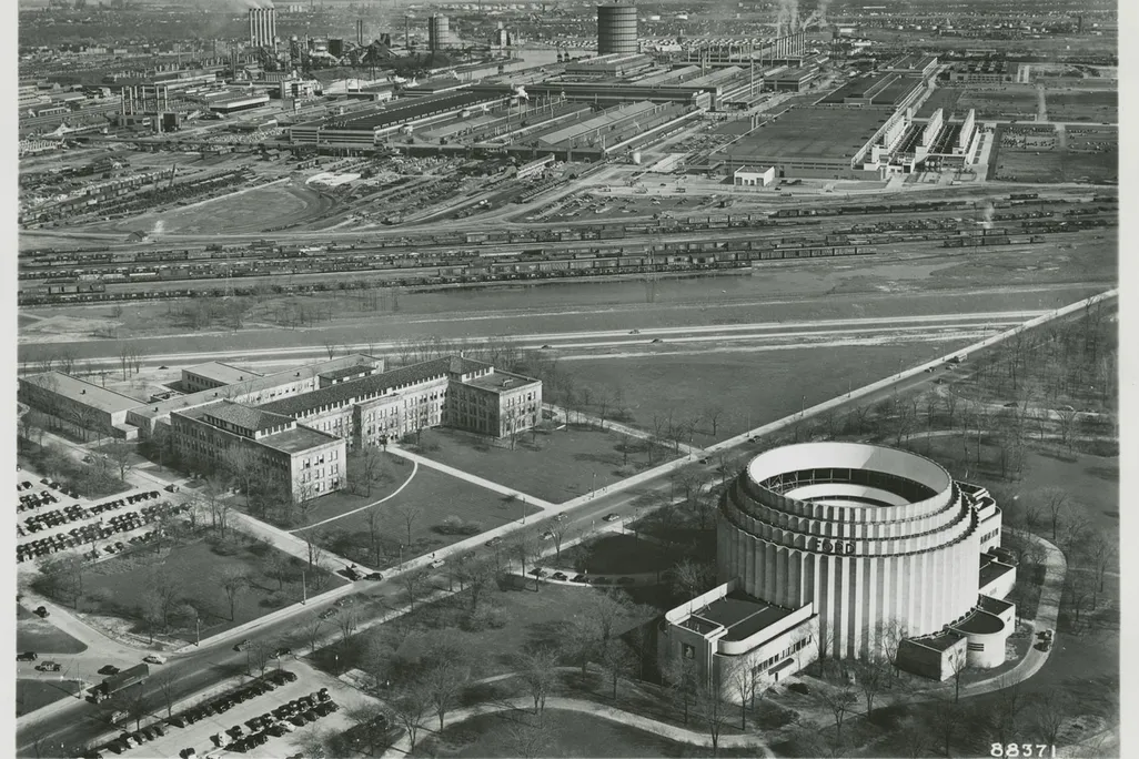 An aerial view of the Ford Motor Company's River Rouge plant, circa 1945