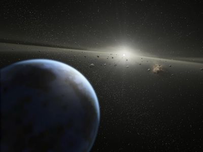 An artist’s imagining of an alien asteroid belt