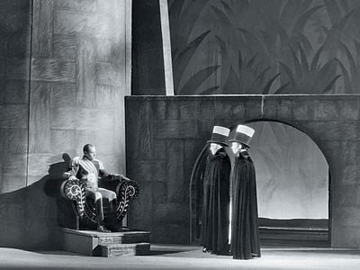 Photograph of Jack Carter (Macbeth), Kenneth Renwick (Second Murderer) and George Nixon (First Murderer) in the Federal Theatre Project production of Macbeth at the Lafayette Theatre, Harlem.