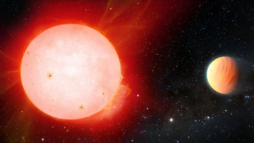grote roodgloeiende ster en kleinere oranje exoplaneet