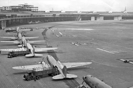 U.S. Air Force C-47s unload at Tempelhof during the Berlin Airlift, 1948-49.