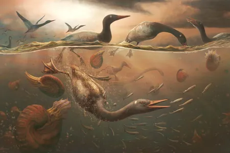 An illustration of the Vegavis iaai diving for fish off the coast of the Antarctic peninsula.