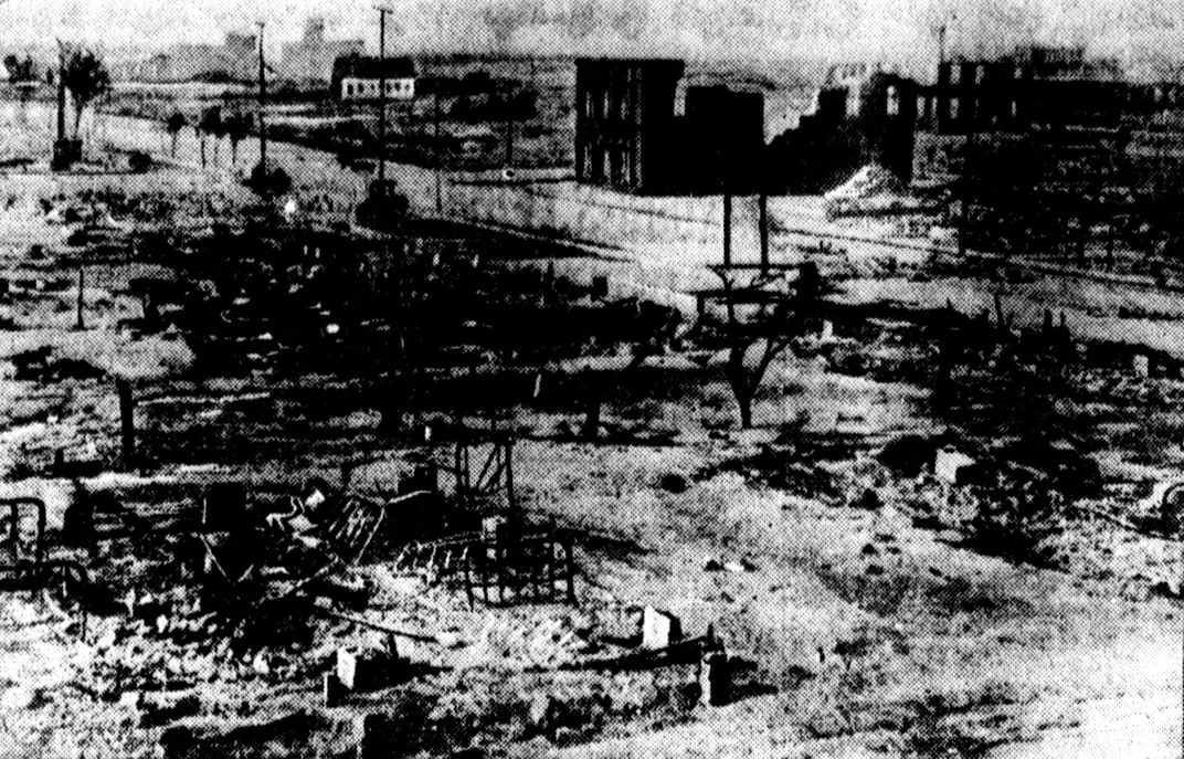 In 1921, white Tulsans razed the prosperous Black neighborhood of Greenwood, killing some 300 people. Pictured here are the ruins of the neighborhood