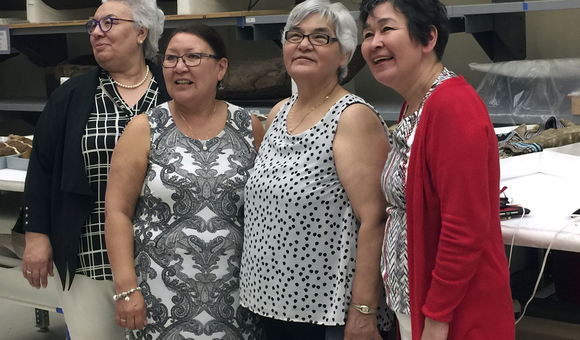 Manitok Thompson, Veronica Connelly, Rosie Kowna Oolooyuk, and Bernadette Dean at the National Museum of the American Indian's Cultural Resources Center. The four women—skilled caribou and sealskin clothing makers, and fluent Inuktitut-speakers and knowledge keepers—traveled to Washington from Nunavut as guests of the Embassy of Canada to attend the opening of the embassy's exhibition 