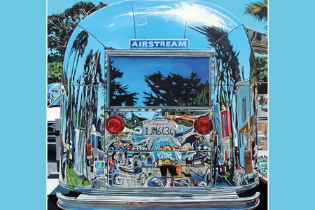 This 2014 acrylic painting by Taralee Guild captures the glistening promise of a 1960s Airstream at Pismo Beach, California.