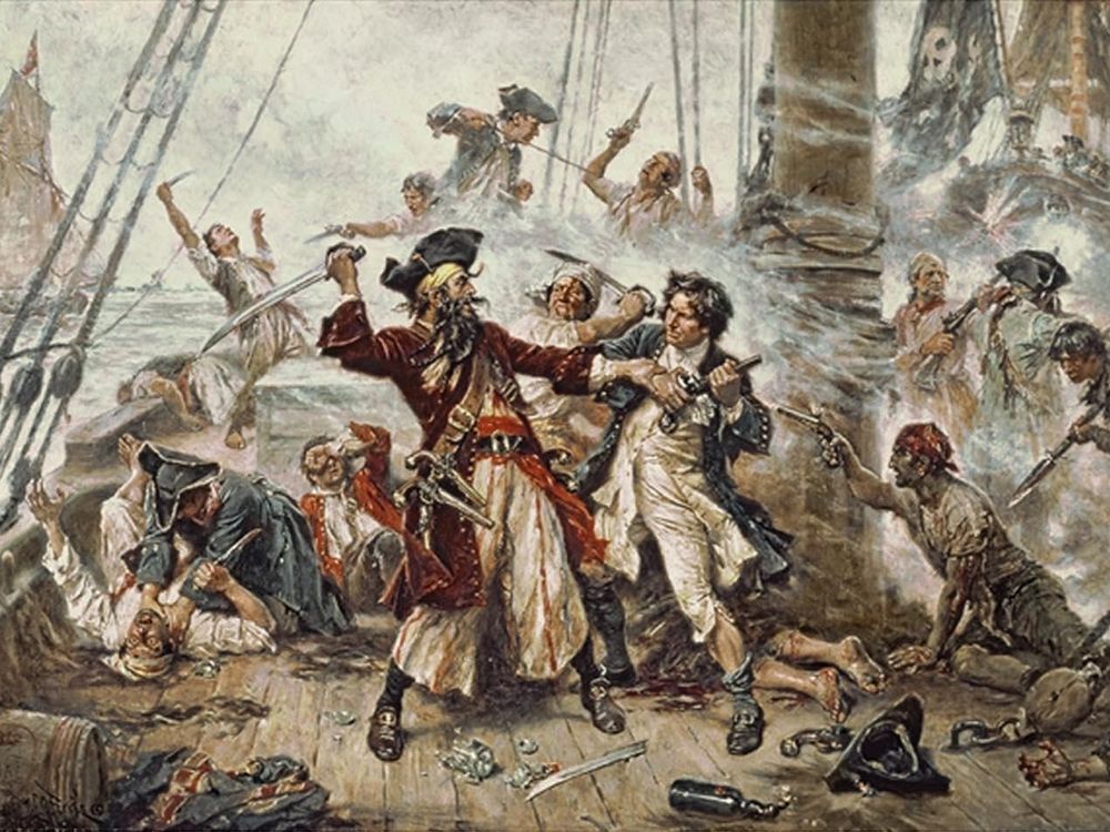 Capture of the Pirate, Blackbeard, 1718, Jean Leon Gerome Ferris, painted in 1920