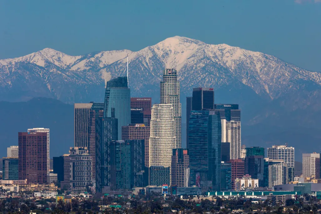Reduced traffic in Los Angeles reveals a clear view of the San Gabriel Mountains beyond downtown.