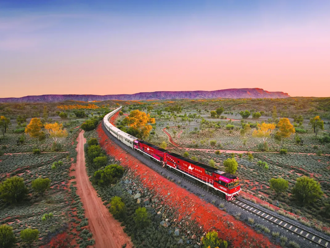 The Ghan traversing the MacDonnell Ranges. Credit: Journey Beyond