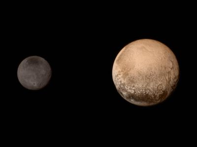 A color image of Pluto and its moon Charon captured on July 11, 2015 by New Horizons

