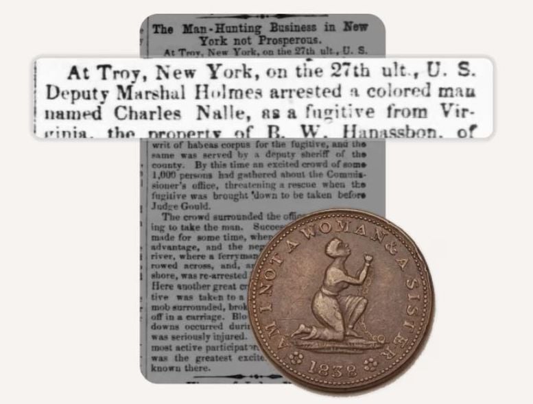 Newspaper clipping with a coin in front of it