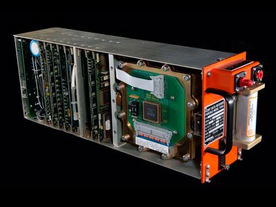 A modern flight data recorder, a.k.a. a "black box." Despite the name, these recorders are typically painted orange.