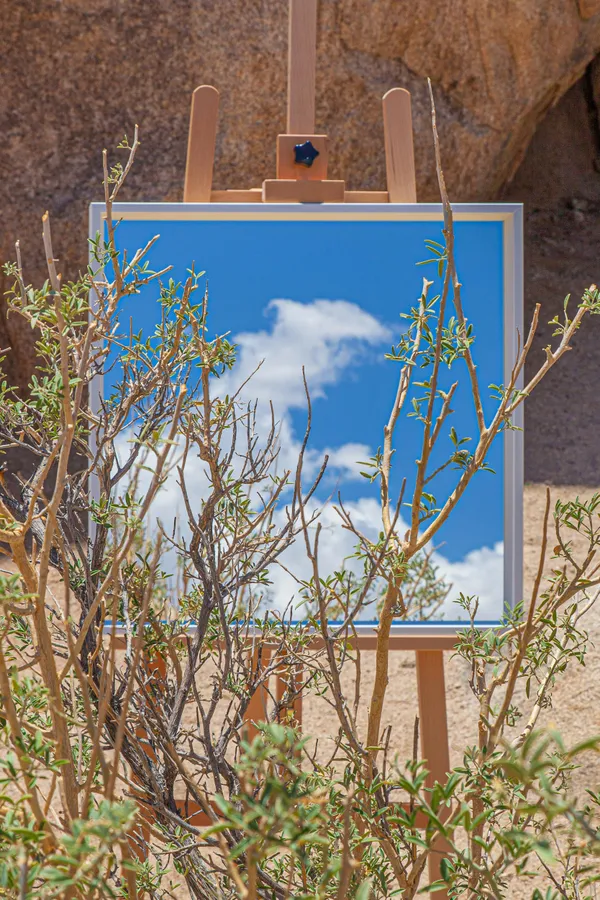 A Mirror on An Easel Behind a Desert Bush Reflecting A Cloudy Sky thumbnail
