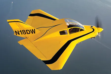 A Dyke Delta soars above the Florida Gulf Coast. The creation of John Dyke (opposite, at Oshkosh in 2019), the airplane was inspired by a German engineer’s bold designs of tailless aircraft in the 1920s and ’30s.