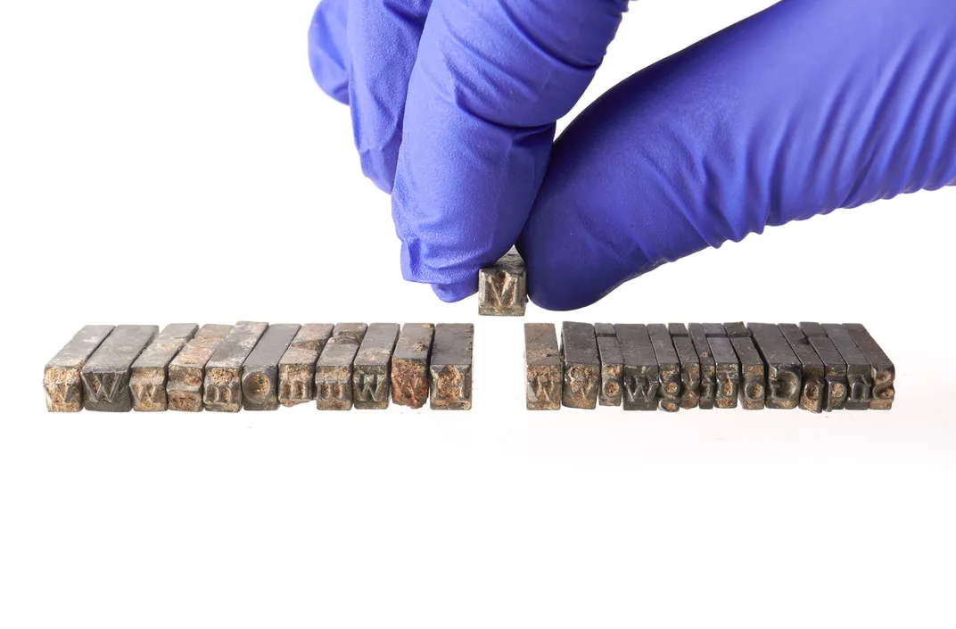Pieces of the Doves Press typeface recovered from the river's foreshore